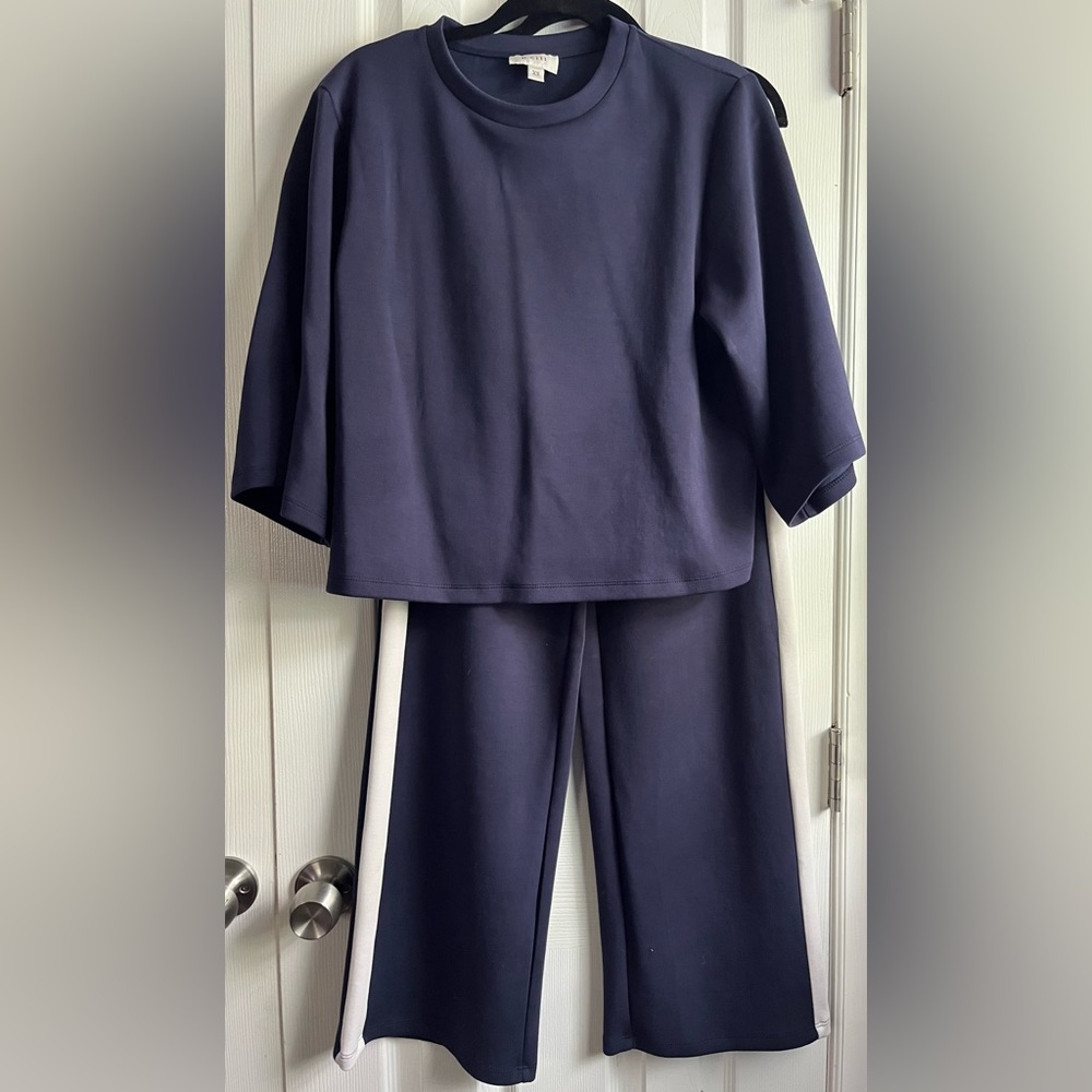 P Cill Navy Scuba Knit Charlotte Top Lula Side Stripe Wide Leg Pants Set XS - Picture 3 of 10